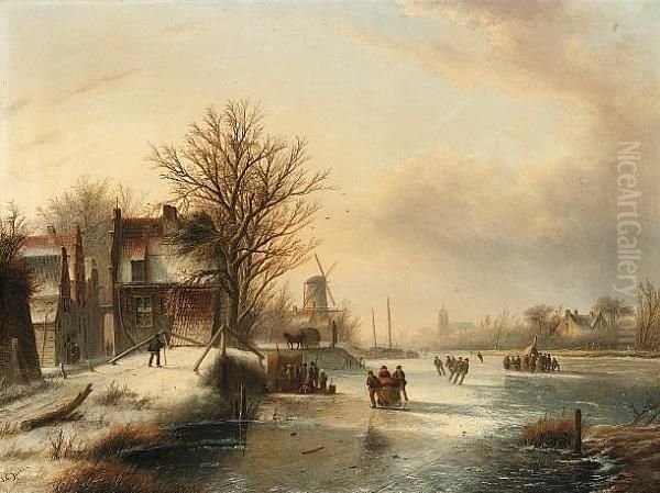 Winter Landscape With Figures Skating On A Frozen River Oil Painting by Jan Jacob Coenraad Spohler