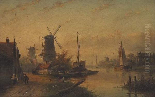 A Dutch Fishing Village Oil Painting by Jan Jacob Coenraad Spohler