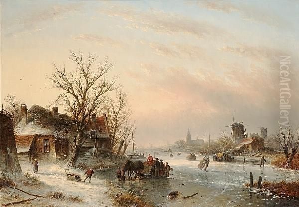 A Dutch Winter Landscape With A Horse And Sled, And Figures Skating On A Frozen River Oil Painting by Jan Jacob Coenraad Spohler