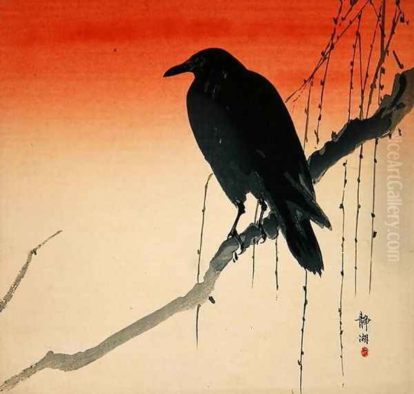 Crow on a Willow Branch, early 1900s Oil Painting by Seiko