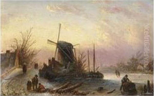 A Winter Landscape With Figures Near A Windmill Oil Painting by Jan Jacob Coenraad Spohler