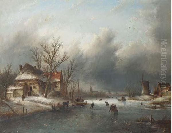 Skaters On A Frozen River, A Town In The Distance Oil Painting by Jan Jacob Coenraad Spohler