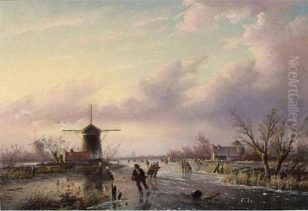 A Winter Landscape With Figures On A Frozen Waterway Oil Painting by Jan Jacob Coenraad Spohler