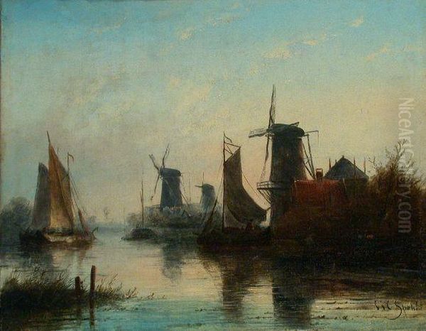 Dutch Canal Scene Oil Painting by Jan Jacob Coenraad Spohler