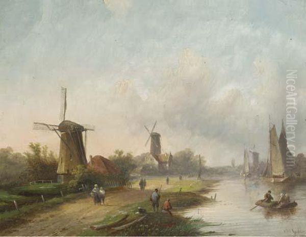 Summer: Windmills Along A River Oil Painting by Jan Jacob Coenraad Spohler