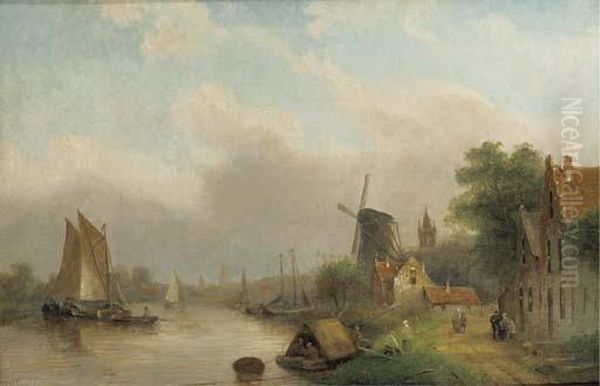 Shipping On A River By A Village Oil Painting by Jan Jacob Coenraad Spohler