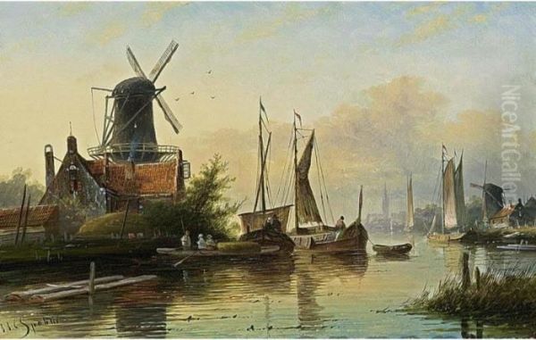 A Busy River Scene Oil Painting by Jan Jacob Coenraad Spohler