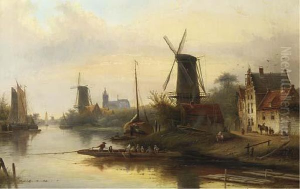 A Riverlandscape With A Windmill Oil Painting by Jan Jacob Coenraad Spohler