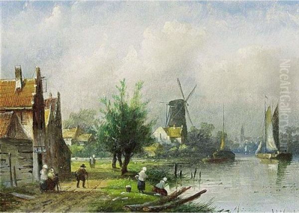 A Sunny Landscape With Washerwomen On A Riverbank Oil Painting by Jan Jacob Coenraad Spohler