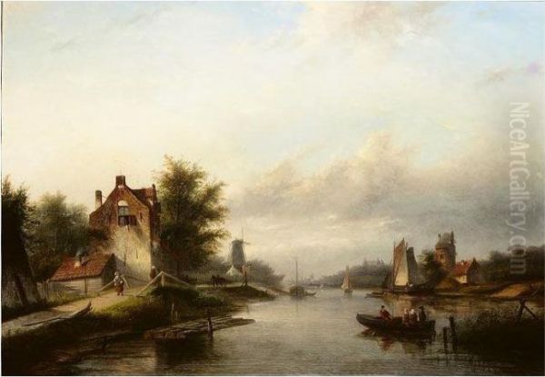 Canal Scene In Holland Oil Painting by Jan Jacob Coenraad Spohler