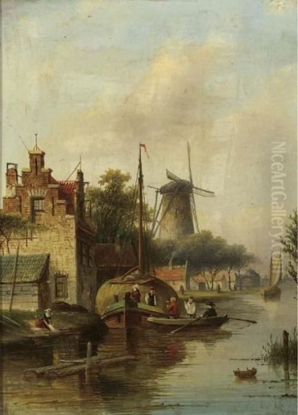 A Village Along A River In Summer; Skaters On A Frozen River In Winter Oil Painting by Jan Jacob Coenraad Spohler