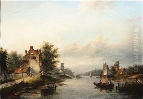 Coenrad , Canal Scene In Holland, Signed, Oil On Canvas, 65 X 93 Cm.; 25 1/2 X 36 1/2 In Oil Painting by Jan Jacob Coenraad Spohler