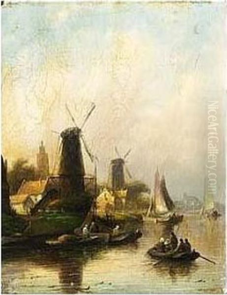 Mills In A River Landscape; Skaters On The Ice (a Pair) Oil Painting by Jan Jacob Coenraad Spohler