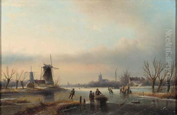 Numerous Skaters On A Frozen Waterway Oil Painting by Jan Jacob Coenraad Spohler