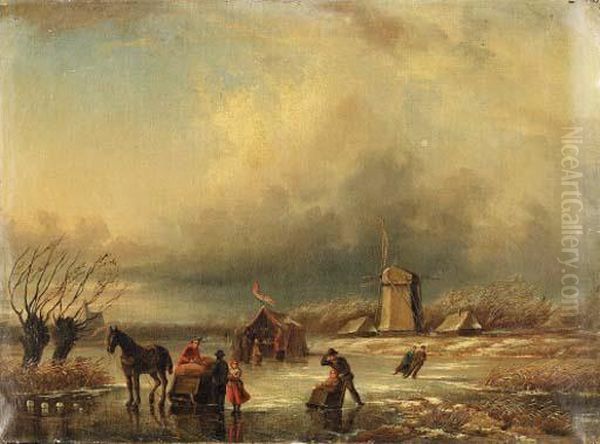 Figures In A Frozen Landscape
Signed With Initials 'jjcs' (lower Right) Oil Painting by Jan Jacob Coenraad Spohler