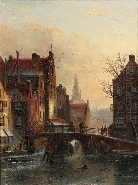 View Of The Grimburgwal On The Rokin, Amsterdam With The Zuiderkerkin The Distance Oil Painting by Jan Jacob Coenraad Spohler