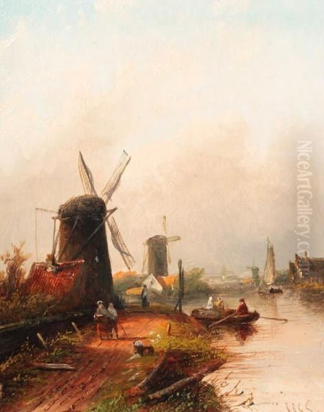 River Landscape With Windmills Oil Painting by Jan Jacob Coenraad Spohler