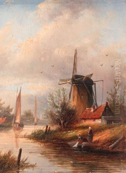 River Landscape With A Mill Oil Painting by Jan Jacob Coenraad Spohler