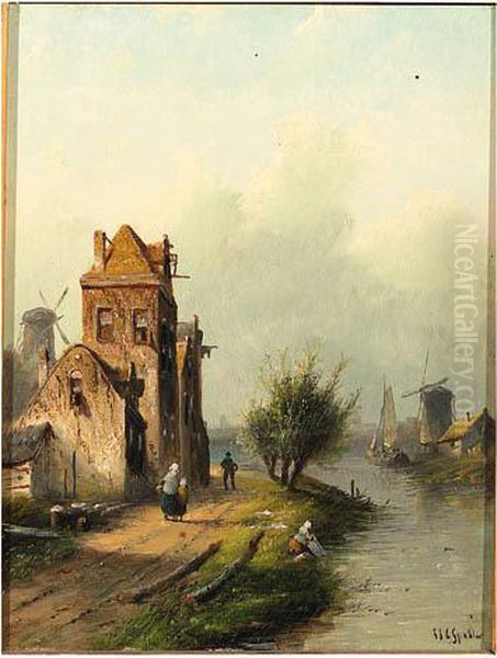 Summer: A Fortified Mansion Along A Canal; Winter: Skaters On Afrozen Waterway Oil Painting by Jan Jacob Coenraad Spohler