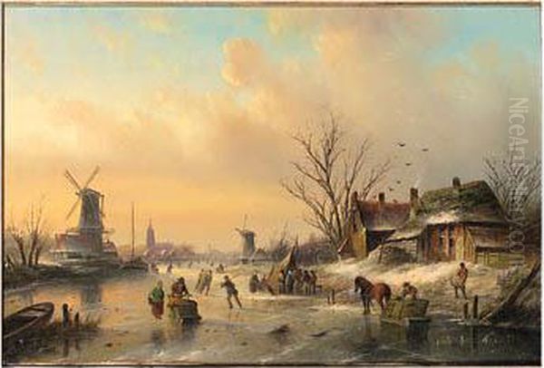 A Winter Landscape With Figures 
Skating And Townsfolk Gatheredaround A Koek En Zopie At Dusk Oil Painting by Jan Jacob Coenraad Spohler