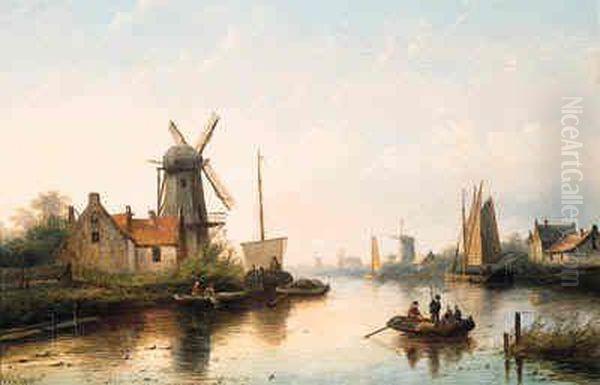 A River Landscape With Villagers In Rowing Boat And Sailing Barges,at Dusk Oil Painting by Jan Jacob Coenraad Spohler