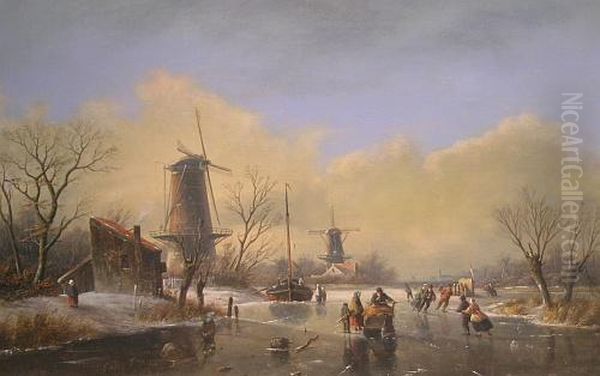 Winter Landscape With Figures On A Frozen River Oil Painting by Jan Jacob Coenraad Spohler