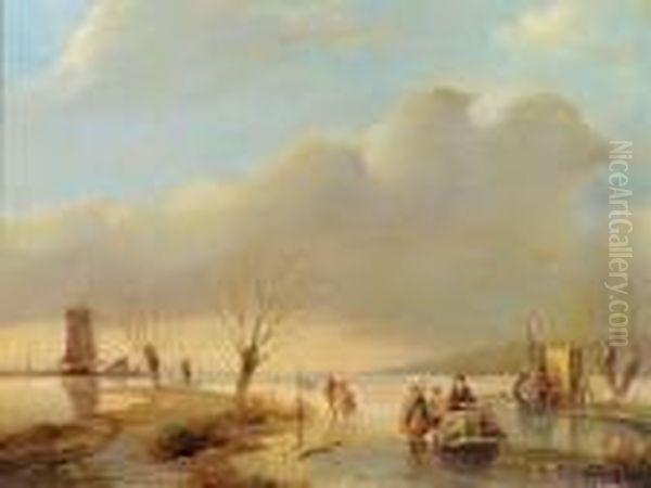 Riviere Gelee Animee De Promeneurs Et De Patineurs Oil Painting by Jan Jacob Coenraad Spohler