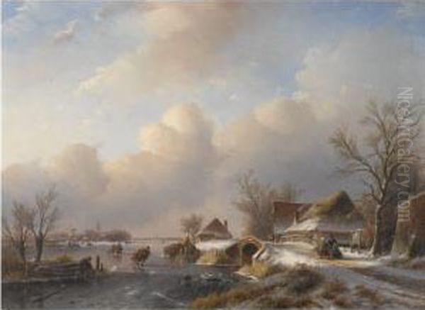 A Winter Landscape With Figures And A Horse Drawn Sleigh By Arefreshment Stall Oil Painting by Jan Jacob Coenraad Spohler