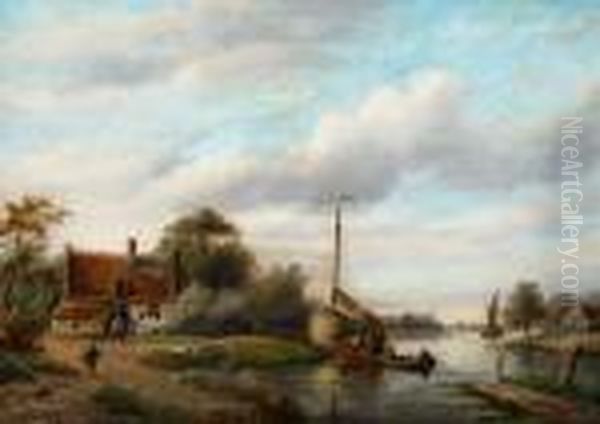 Dutch Landscape With A River Oil Painting by Jan Jacob Coenraad Spohler