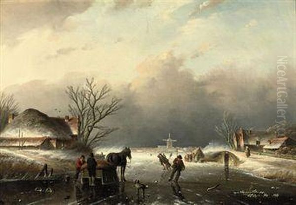 Figures On A Frozen River Oil Painting by Jan Jacob Coenraad Spohler