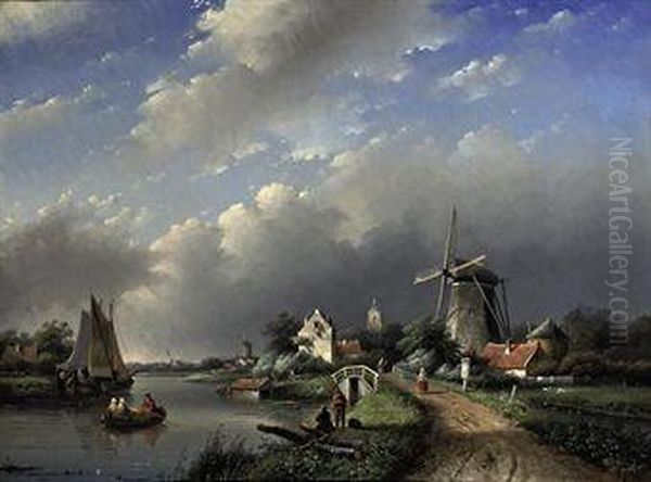 Activities On A Dutch River Oil Painting by Jan Jacob Coenraad Spohler