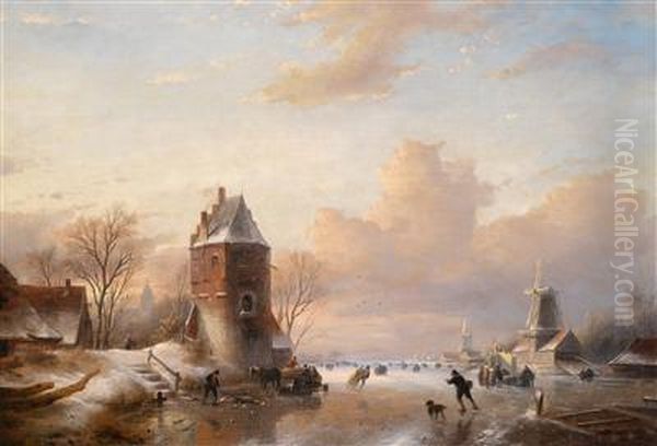 Winterlandschaft Mit Eislaufern Oil Painting by Jan Jacob Coenraad Spohler