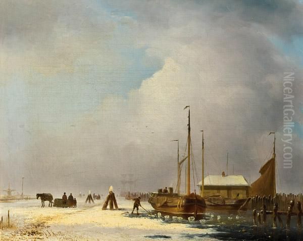 Hollandische Kanallandschaft Im Winter Oil Painting by Jan Jacob Coenraad Spohler