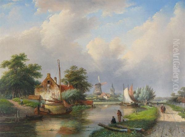 A River Landscape With Fishermen And A Windmill Oil Painting by Jan Jacob Coenraad Spohler