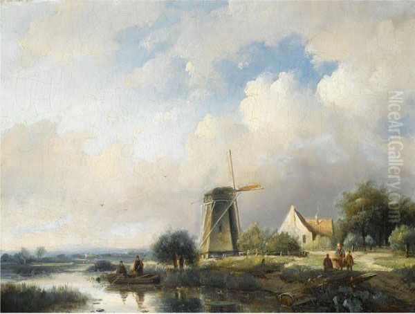 Fishermen Near A Windmill Oil Painting by Jan Jacob Coenraad Spohler