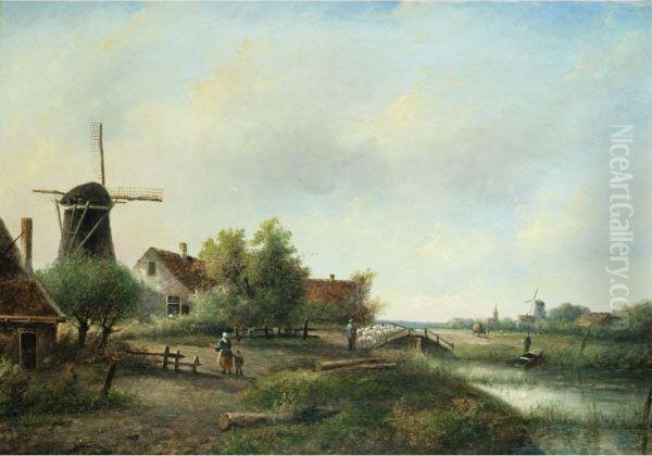 A Shepherd And His Flock In A Summer Landscape Oil Painting by Jan Jacob Coenraad Spohler