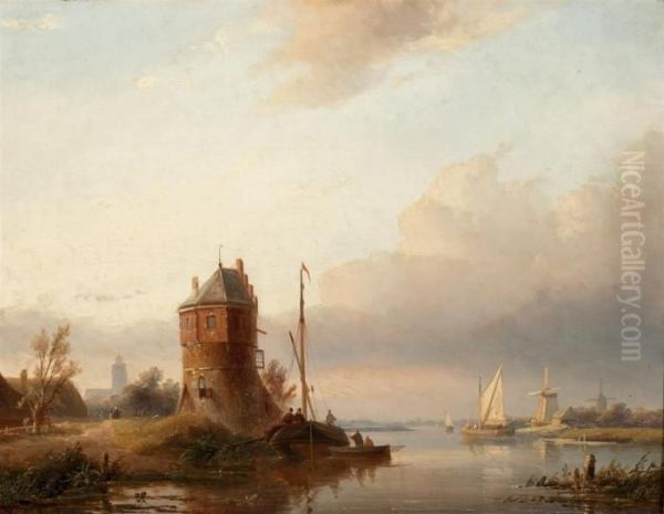 Sailing On Calm Waters Near A Ruin Oil Painting by Jan Jacob Coenraad Spohler