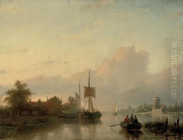 A Summer Landscape With Sailing Vessels And A Rowing Boat Oil Painting by Jan Jacob Coenraad Spohler