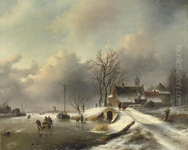 Crossing A Bridge Over A Frozen River Oil Painting by Jan Jacob Coenraad Spohler