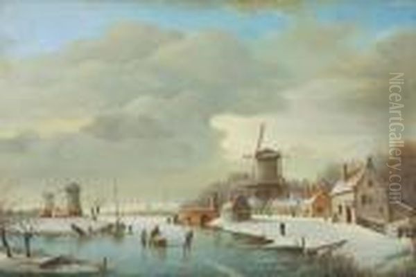 Snowy River Landscape With Skaters Oil Painting by Jan Jacob Coenraad Spohler