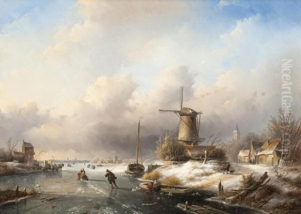 Winterlicheseisvergnugen Nahe Einer Muhle Oil Painting by Jan Jacob Coenraad Spohler