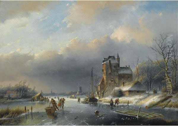 A Winter Landscape With Many Figures On A Frozen Waterway Oil Painting by Jan Jacob Coenraad Spohler