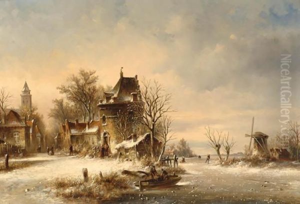 Village View In Winter Time Oil Painting by Jan Jacob Coenraad Spohler