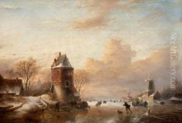 Winter Landscape With Windmills And Skaters Oil Painting by Jan Jacob Coenraad Spohler