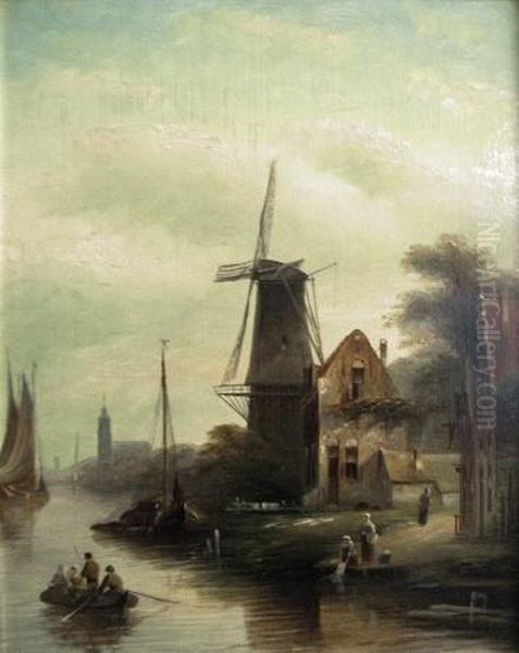 Dutch Canal Scene With A Windmill Oil Painting by Jan Jacob Coenraad Spohler