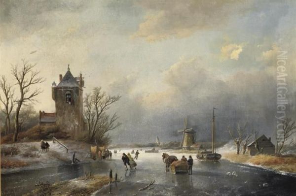 A Winter Landscape With Skaters Near A Town Oil Painting by Jan Jacob Coenraad Spohler