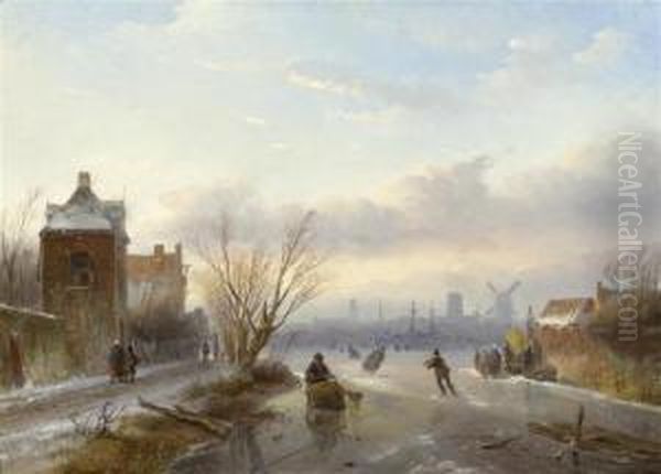 Dutch Winter Landscape With Skaters And A Town In The Background Oil Painting by Jan Jacob Coenraad Spohler