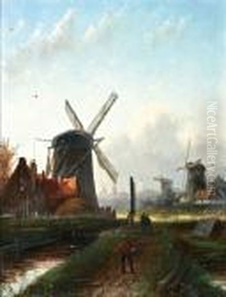 Molens In Polderlandschap Oil Painting by Jan Jacob Coenraad Spohler