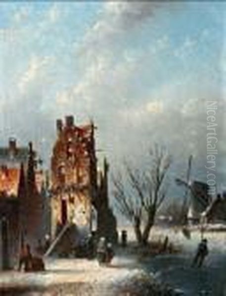 Winters Stadje Met Schaatser Op De Bevroren Vaart Oil Painting by Jan Jacob Coenraad Spohler