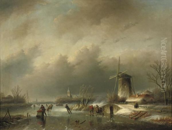 Skaters On The Ice Near A Windmill Oil Painting by Jan Jacob Coenraad Spohler